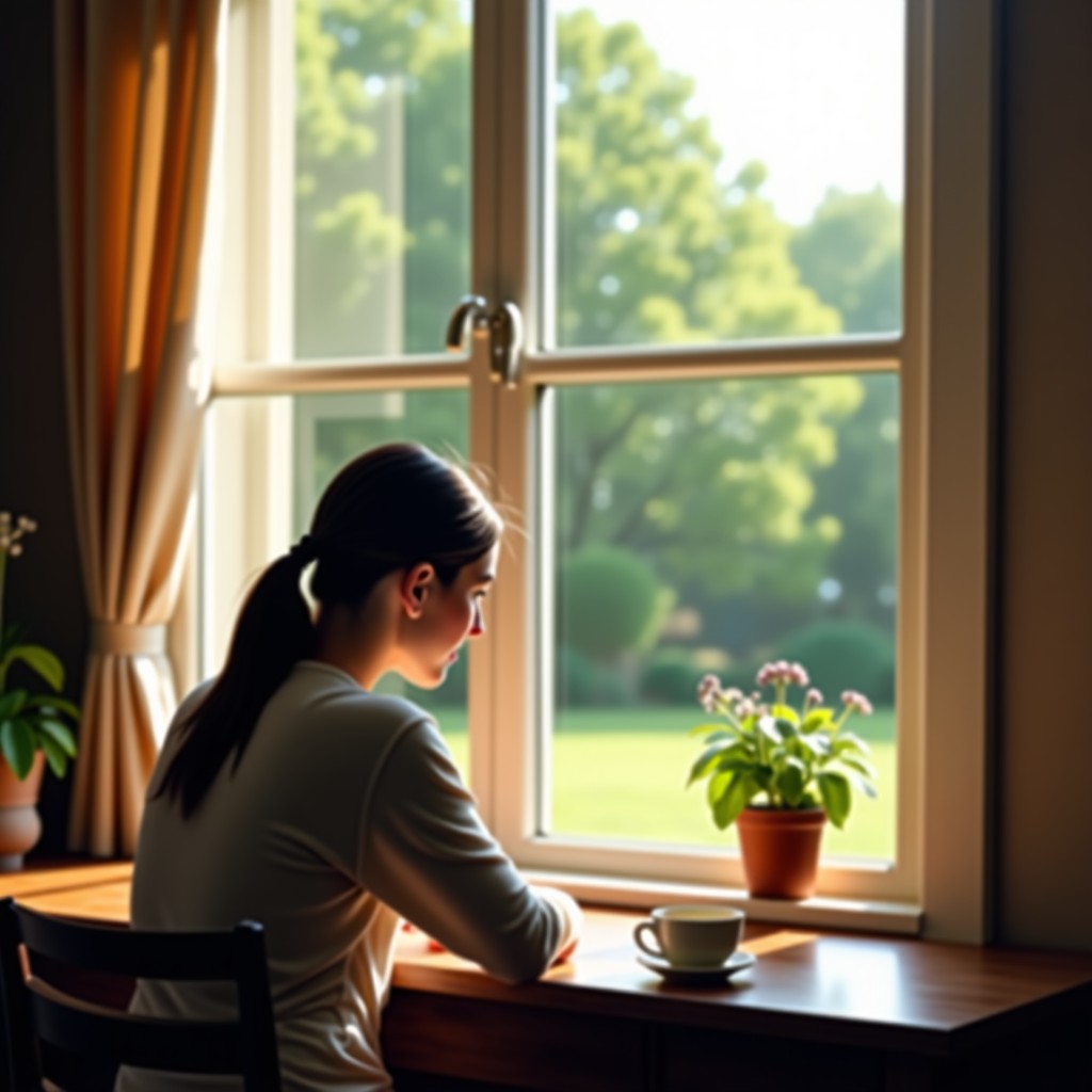 A person sitting calmly by a window looking out at a garden, a cup of tea on the table, soft natural light, peaceful and contemplative mood, realistic lifestyle photography, 4:3