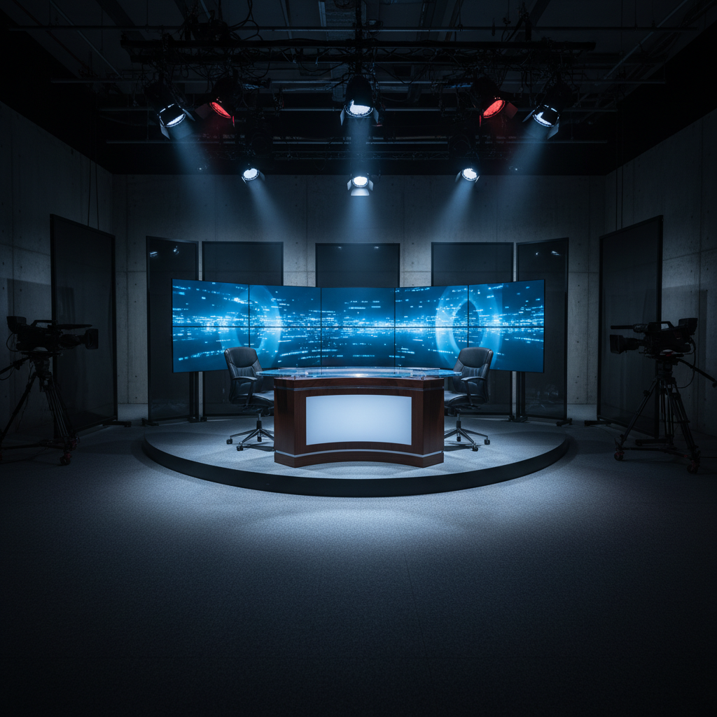 차분하고 어두운 분위기의 뉴스 스튜디오 배경