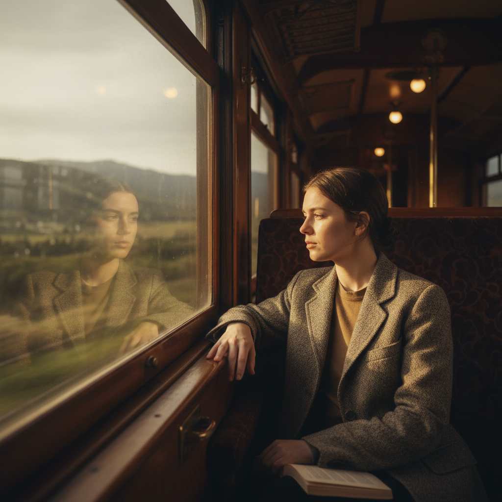 창밖을 바라보는 감성적인 기차 여행 풍경