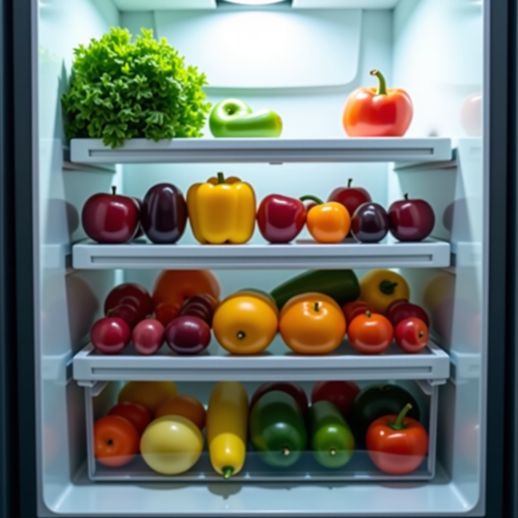 An interior view of a modern organized refrigerator with clear drawers separating leafy vegetables from colorful fruits, focus on freshness and cleanliness, soft interior lighting. 4:3