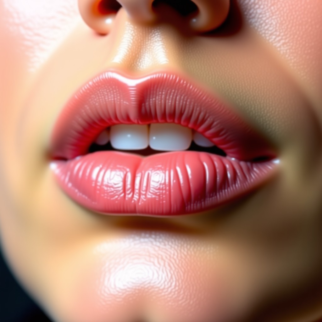 Close up shot of healthy hydrated lips with a natural rosy tint and soft glow, no visible skin flakes, soft lighting, professional beauty photography, 1:1