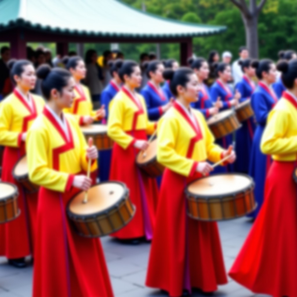 A group of Korean traditional musicians performing Pungmulnori in colorful Hanbok. They are dancing and playing drums and gongs in a festive outdoor setting. Motion blur to convey energy, vibrant colors, cultural festival theme, 4:3