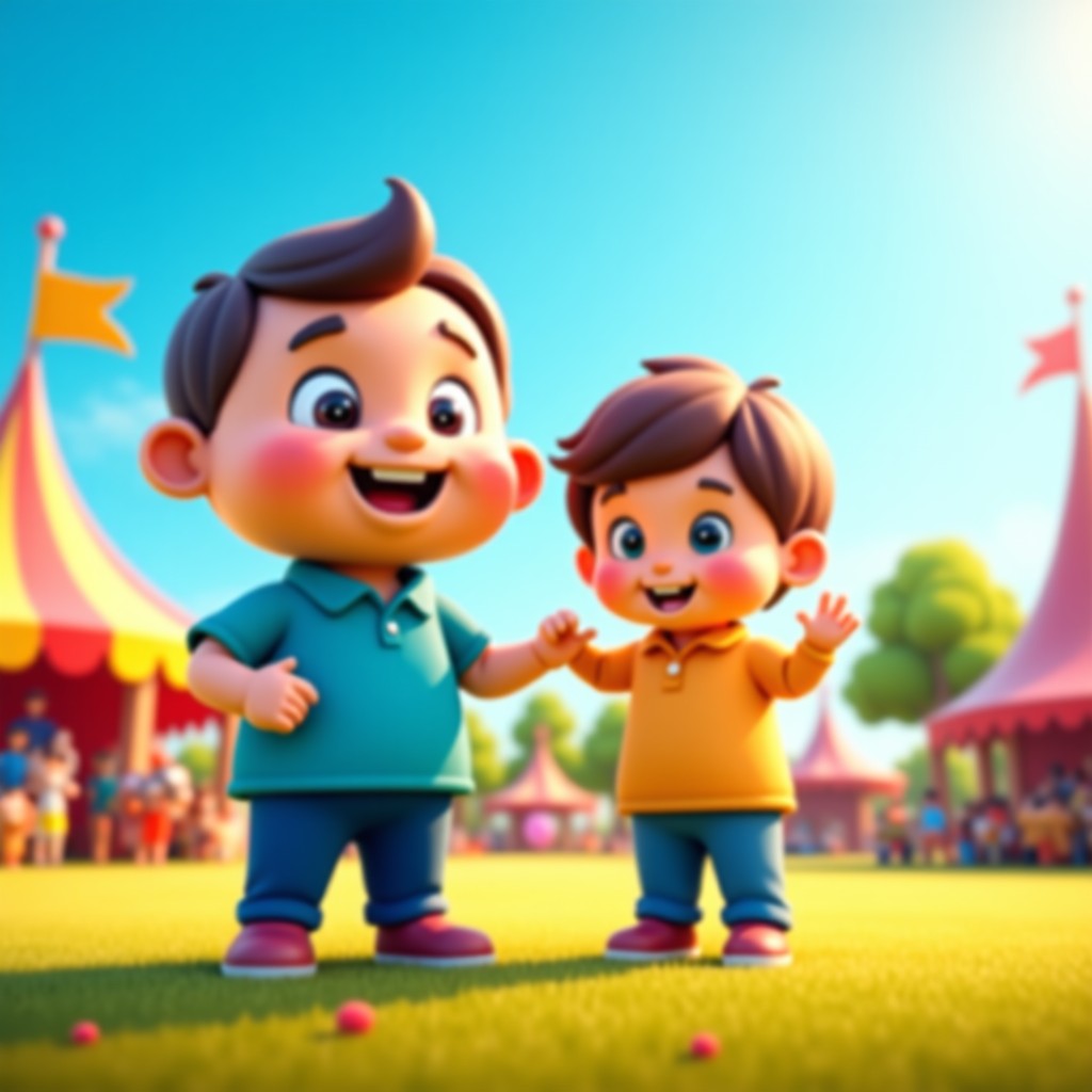 A child standing next to a large colorful cartoon character standee at an outdoor event. Bright colors, blue sky, happy and natural expression. High-end digital photography style. 1:1