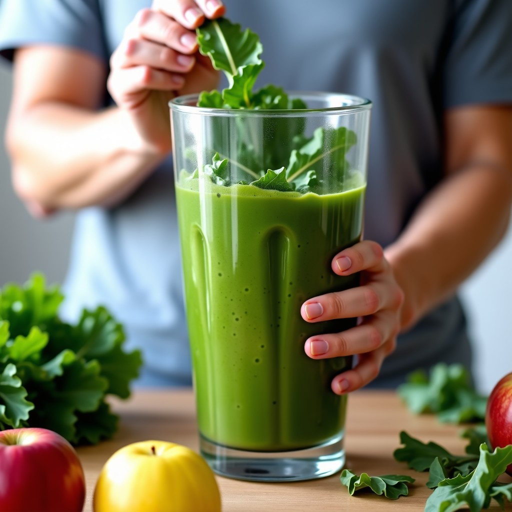 A person's hands preparing a green smoothie by blending fresh kale leaves and sliced apples in a glass blender, bright kitchen setting, focus on healthy ingredients and lifestyle. 4:3