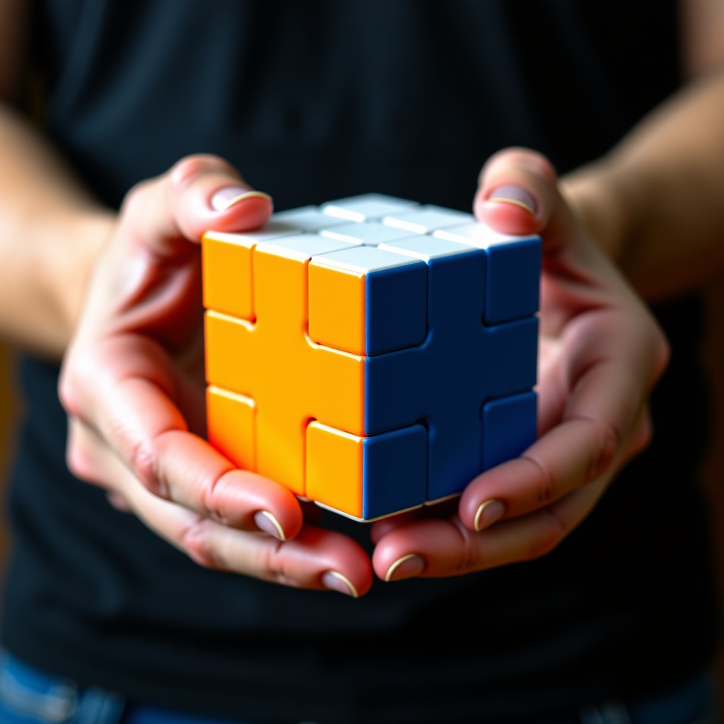 A close up shot of a person's hands skillfully holding a 3x3 cube with the bottom white layer completely solved and the middle layer partially done. High contrast lighting. 4:3