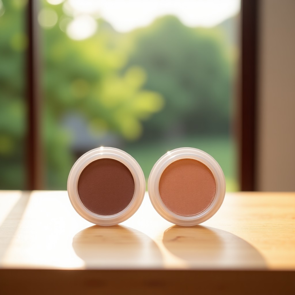 High quality lifestyle photography of two aesthetic eye shadow palettes with traditional Korean patterns on the lids, placed on a light wooden table with a soft focus background of a traditional Korean house garden. 4:3