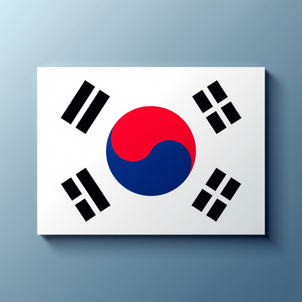 A clean and modern infographic of the South Korean flag, Taegeukgi, showing the central Taegeuk symbol and the four black trigrams in the corners. The background is a soft blue and red gradient. Professional layout, high contrast, high resolution. 4:3