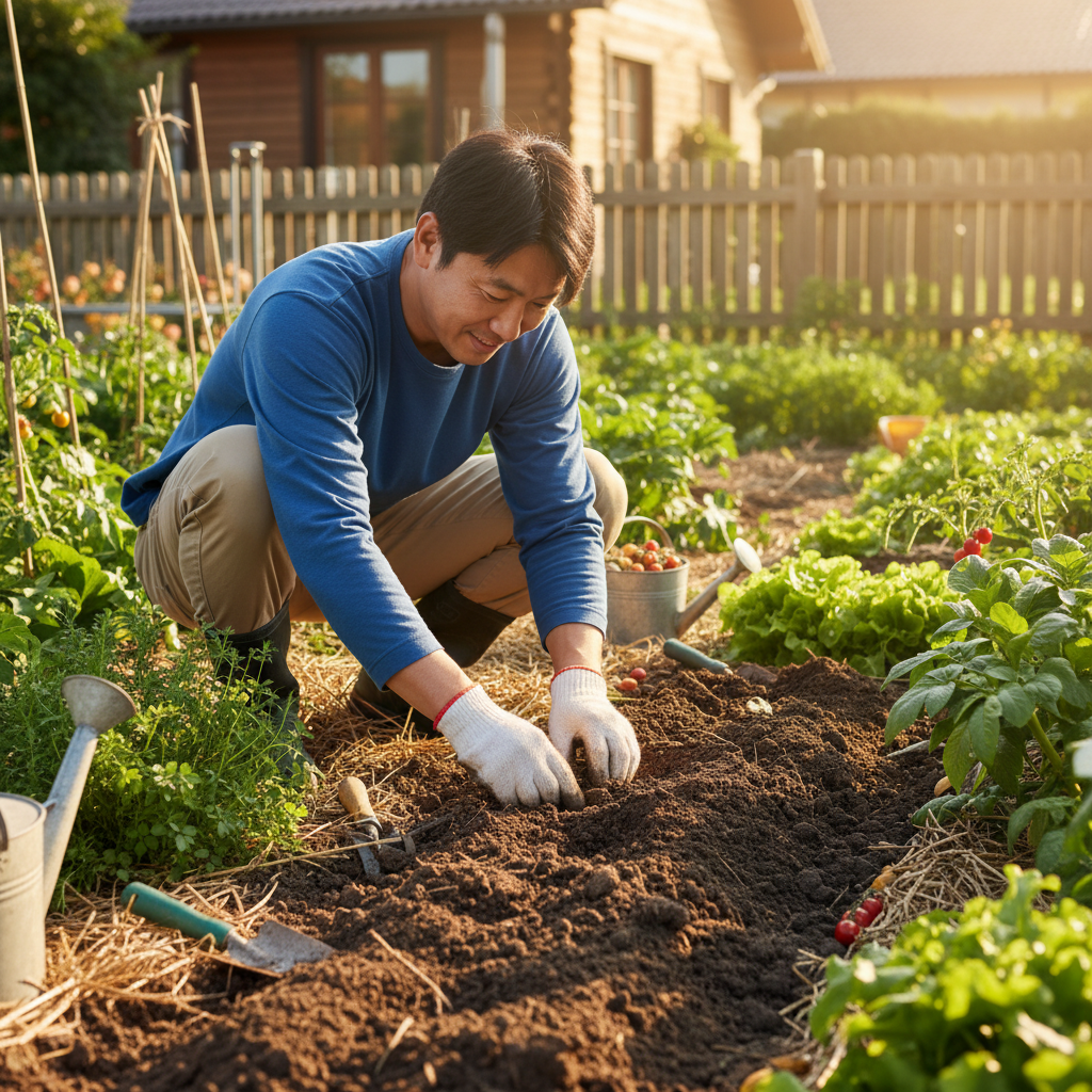 텃밭에서 직접 감자를 심고 있는 정겨운 모습