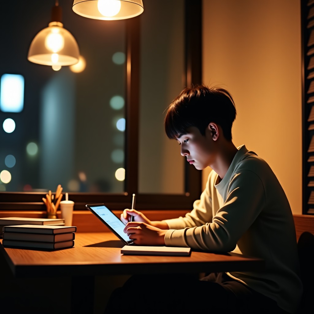 A Korean person studying with books and a tablet in a cozy warm-lit cafe at night, focused expression, lifestyle photography, 4:3