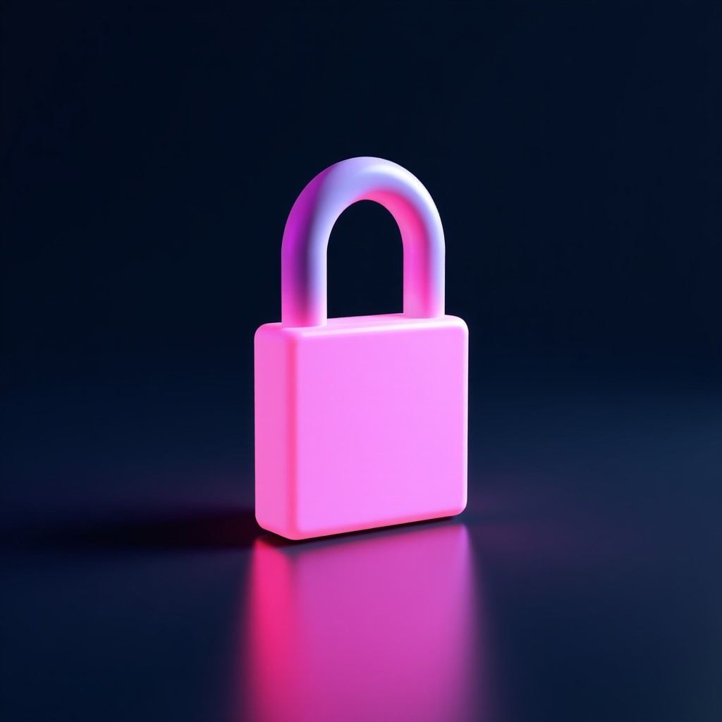 A sleek, 3D rendered digital lock designed with a color palette of cyan, pink, and black, reminiscent of a popular video platform. The lock is glowing slightly on a dark background. Detailed composition. 1:1