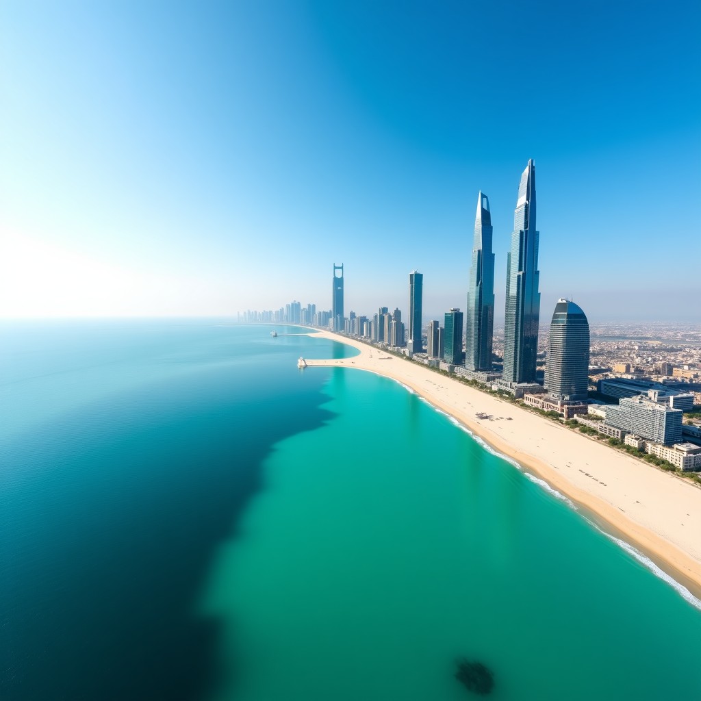 A high-angle realistic photography of the Dubai coastline featuring the Persian Gulf with turquoise water. The skyline shows modern skyscrapers and the unique shape of Palm Jumeirah. Bright natural sunlight and clear blue sky. 4:3