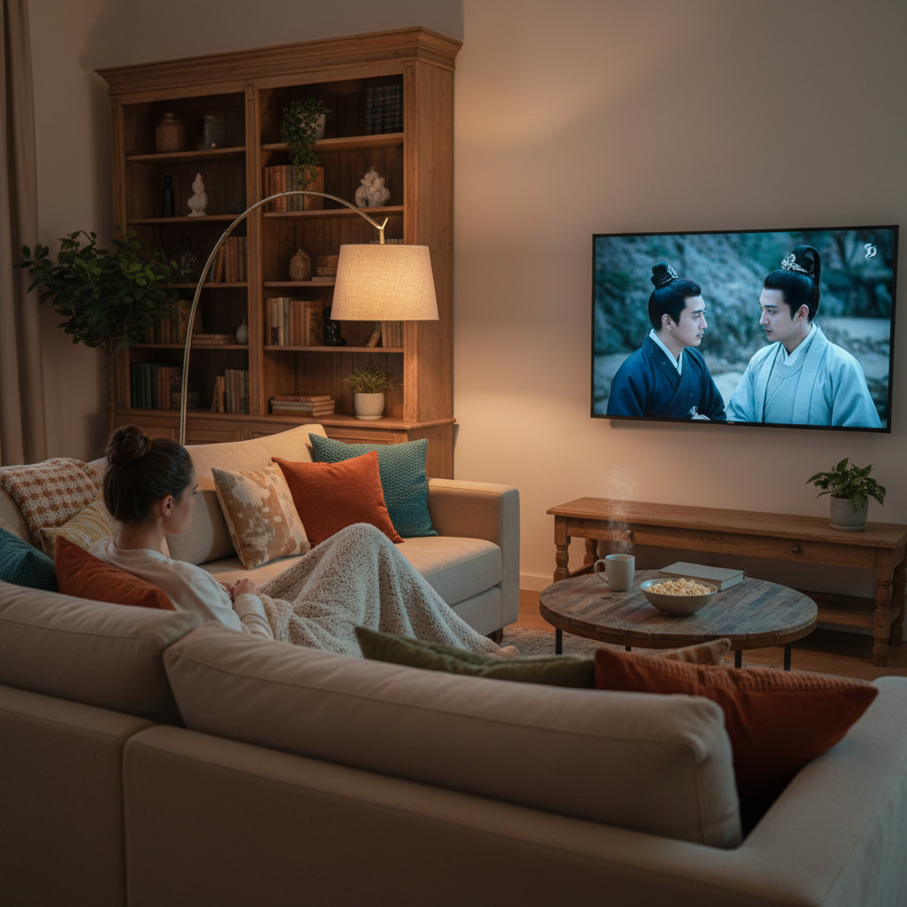 편안한 소파에 앉아 드라마를 즐기는 모습