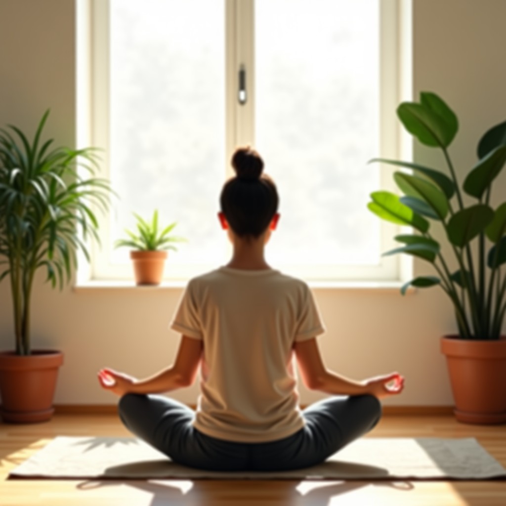 A Korean woman practicing meditation in a sunlit living room with plants. Peaceful atmosphere, soft lighting, natural setting, 4:3.