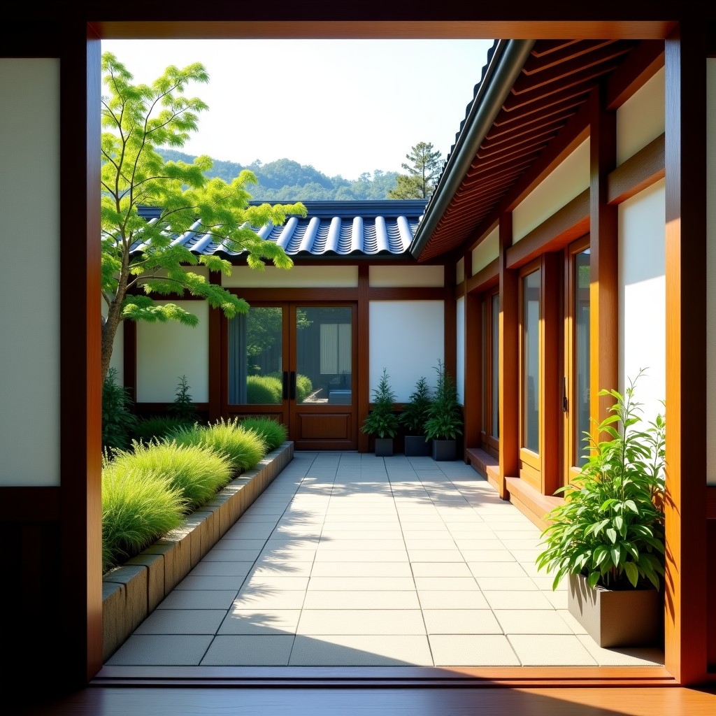A peaceful and traditional Korean oriental medical clinic with a beautiful garden, wooden architecture, serene atmosphere, high quality photography, natural sunlight, 4:3