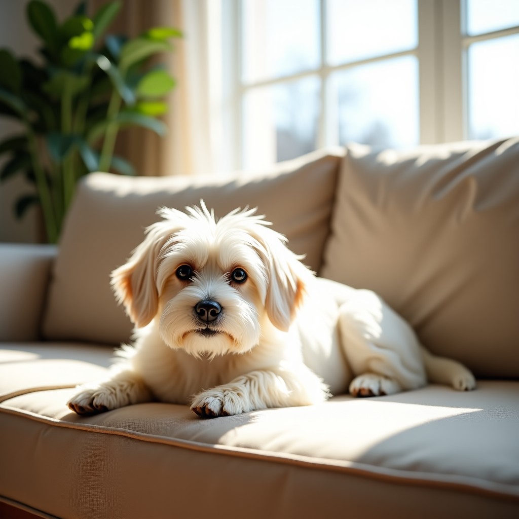 A small white Maltese dog lying comfortably on a soft beige sofa in a sunlit living room. The dog looks peaceful and calm with a gentle expression. Cinematic lighting, high quality photography, 4:3