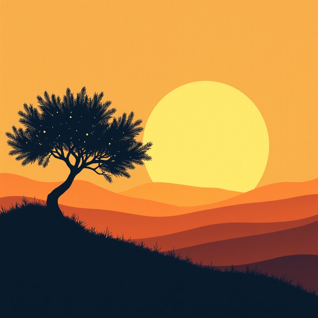 A silhouette of a olive branch against a sunrise over a middle eastern landscape, artistic rendering, textured background, peaceful but solemn mood, 4:3
