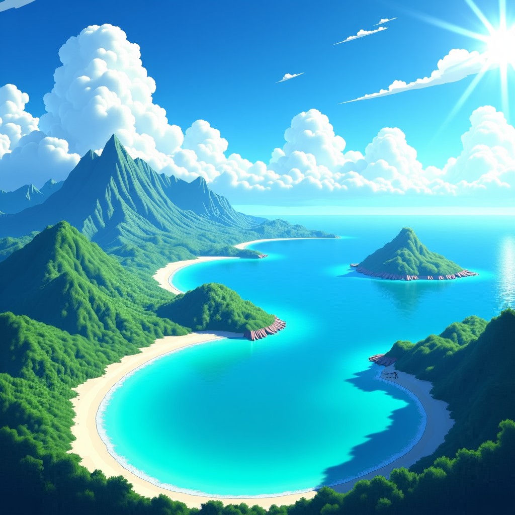 A breathtaking wide-angle landscape of a new Pokemon region with lush tropical islands scattered across a sparkling turquoise ocean, realistic clouds catching the sunlight, white sandy beaches, vibrant flora, cinematic lighting, 4:3
