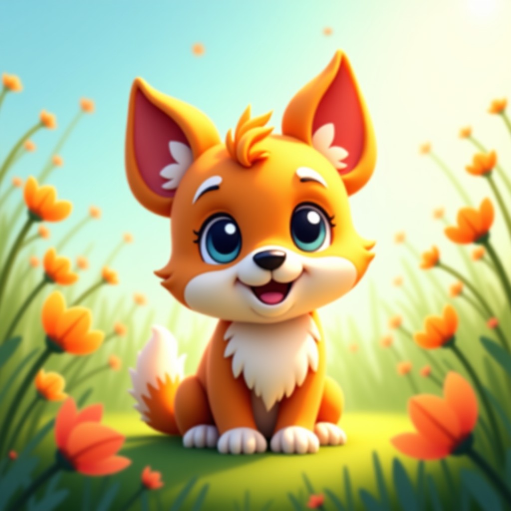 A cute fluffy puppy-like fantasy creature with small leaf motifs on its ears, sitting playfully in a sunlit meadow, big expressive eyes, soft fur texture, colorful flowers in the background, 4:3
