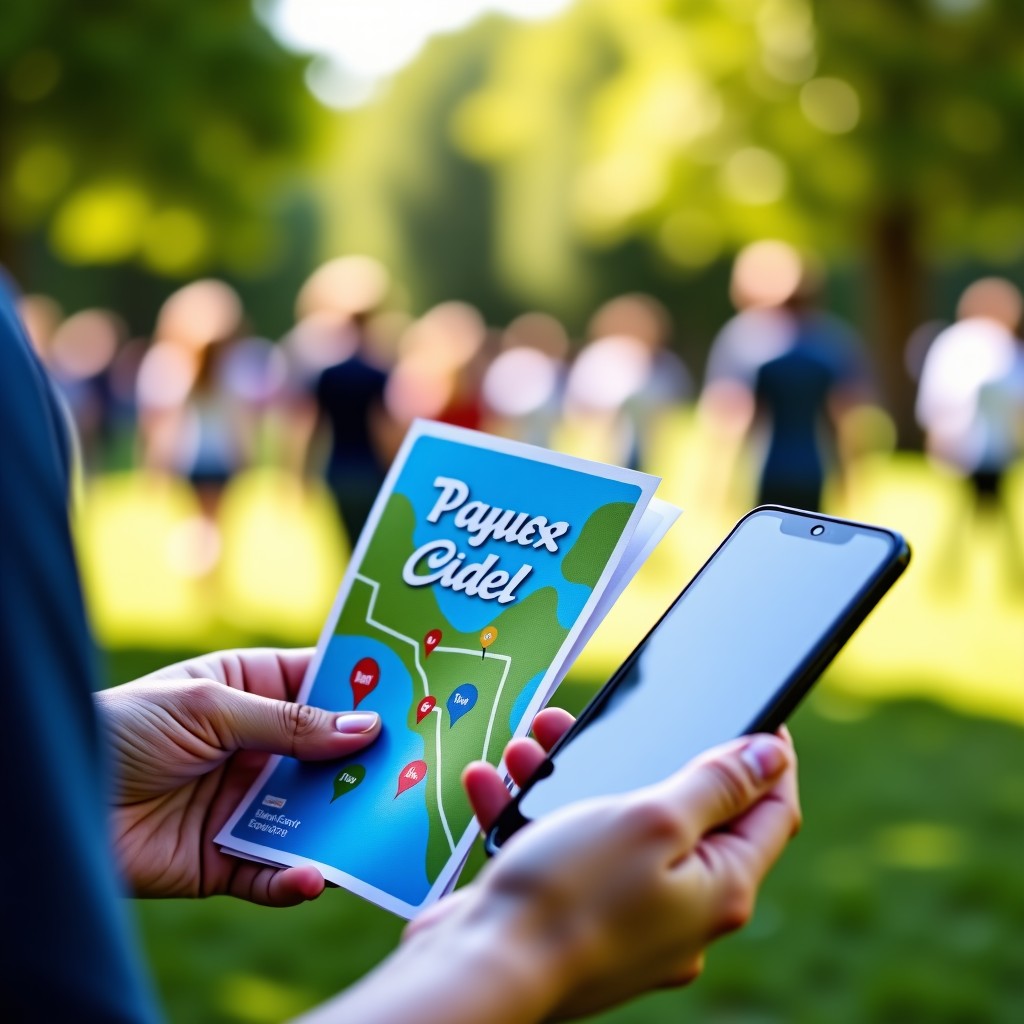 Close up of a person's hand holding a colorful event guide pamphlet and a modern smartphone showing a game map. The background is a blurry sunny outdoor park with people. Natural lighting, lifestyle photography. 1:1