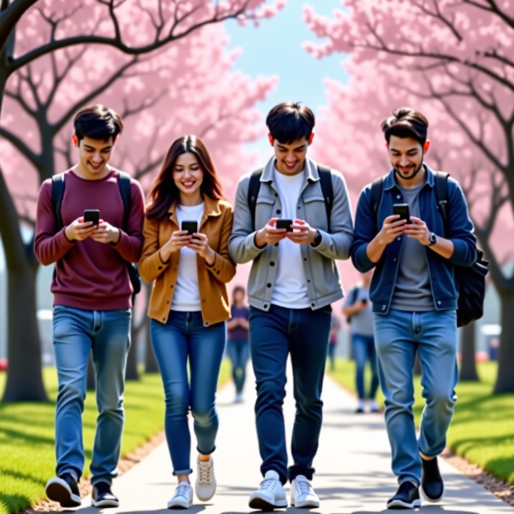 A diverse group of young Korean adults walking through a vibrant city park during the day, holding smartphones and playing a mobile game, cherry blossoms in the background, high-quality lifestyle photography, natural lighting, 4:3