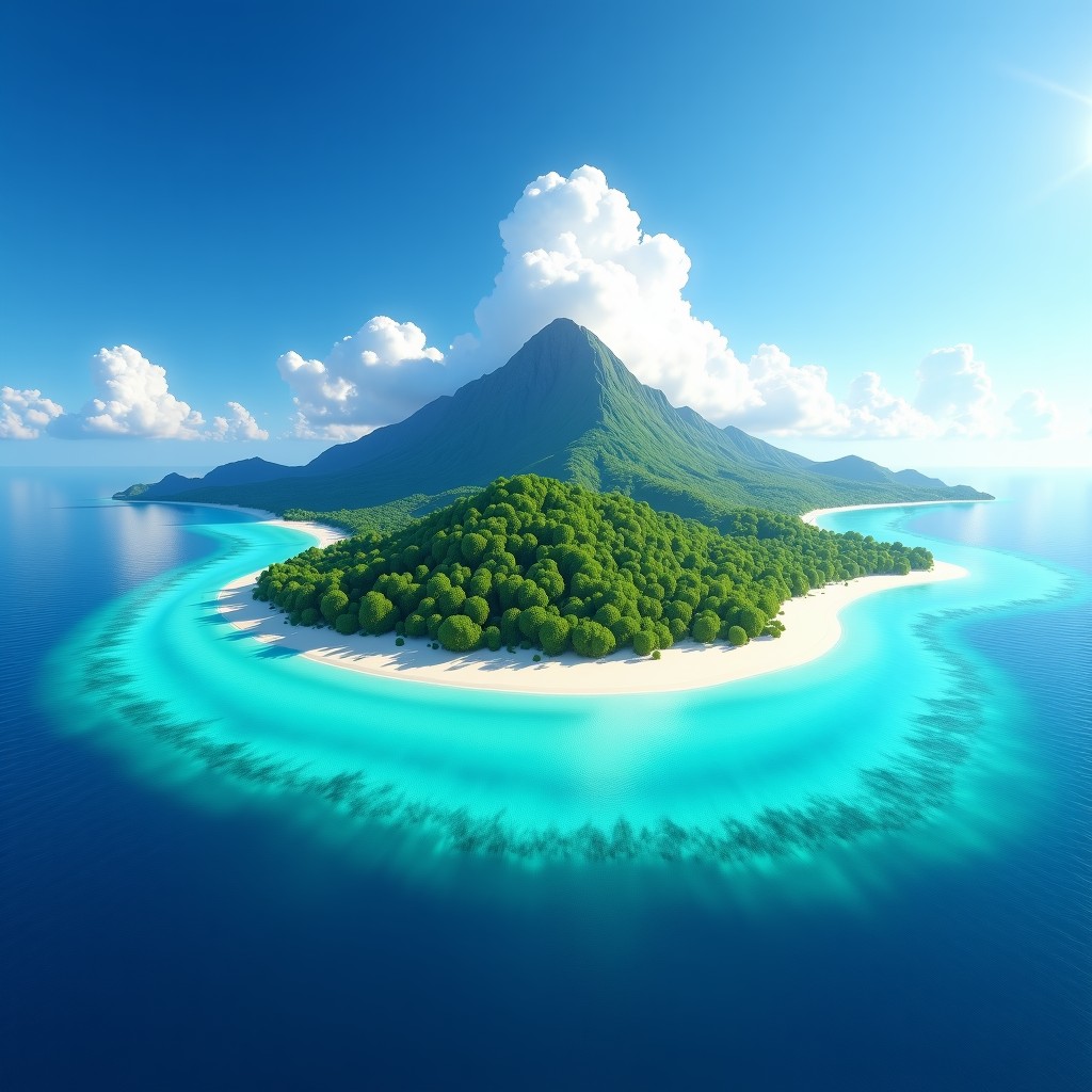 A beautiful tropical island archipelago with crystal clear turquoise water, lush green hills, and a bright blue sky, cinematic lighting, photorealistic style, 4:3