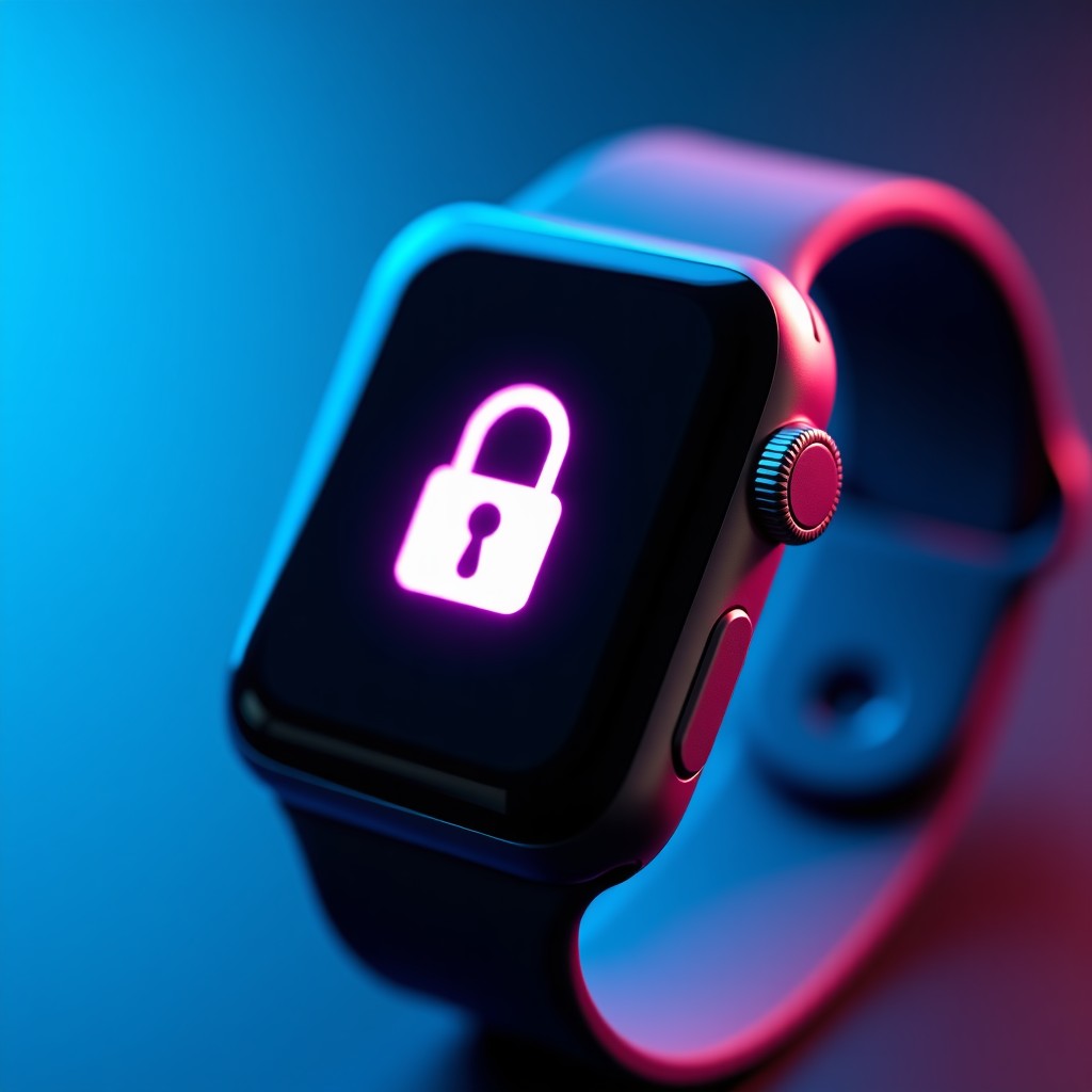 Close up of smart wearable device with a lock icon overlay design, modern tech aesthetic, blue and purple gradient background, 4:3