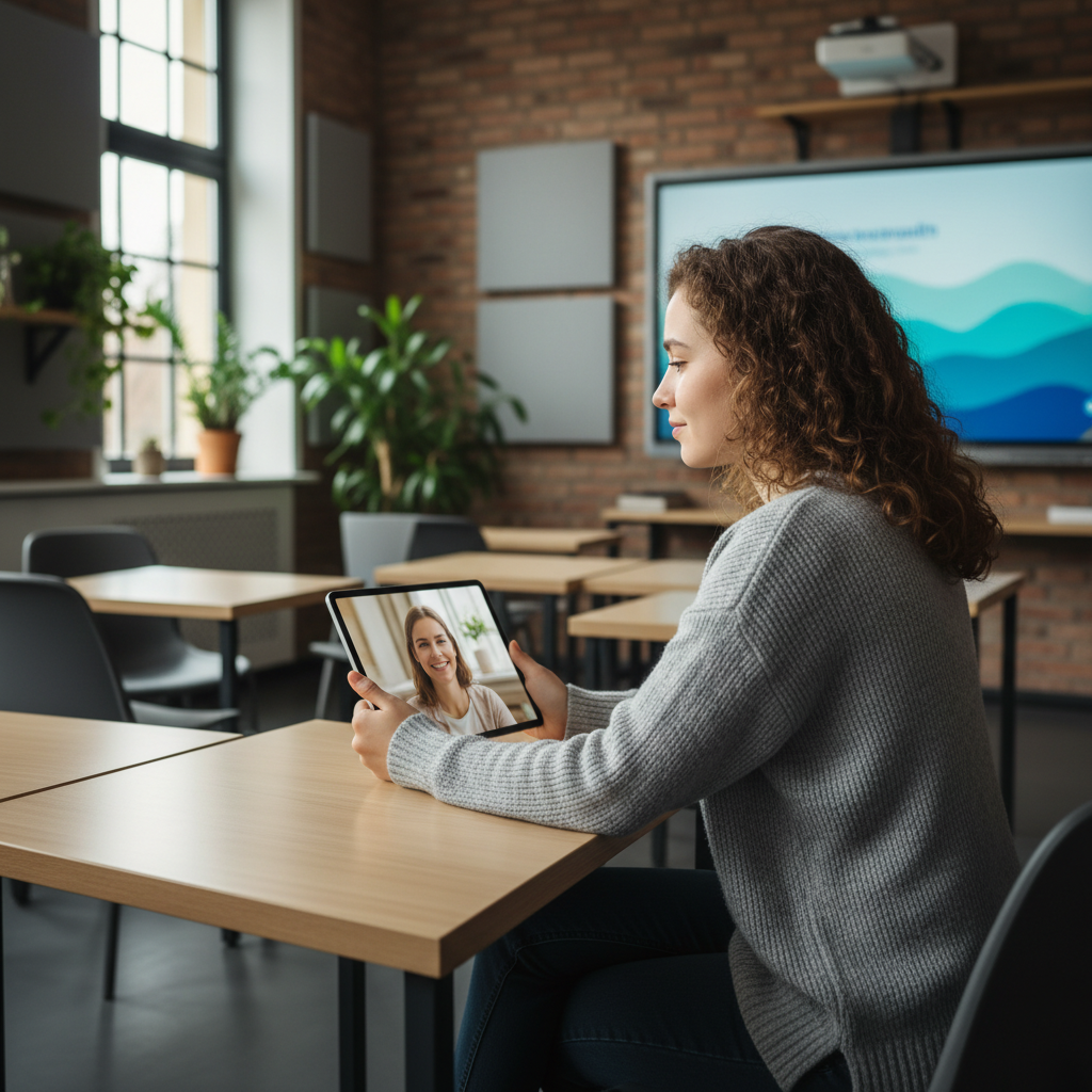 학교 교실에서 태블릿으로 상담하는 학생의 모습