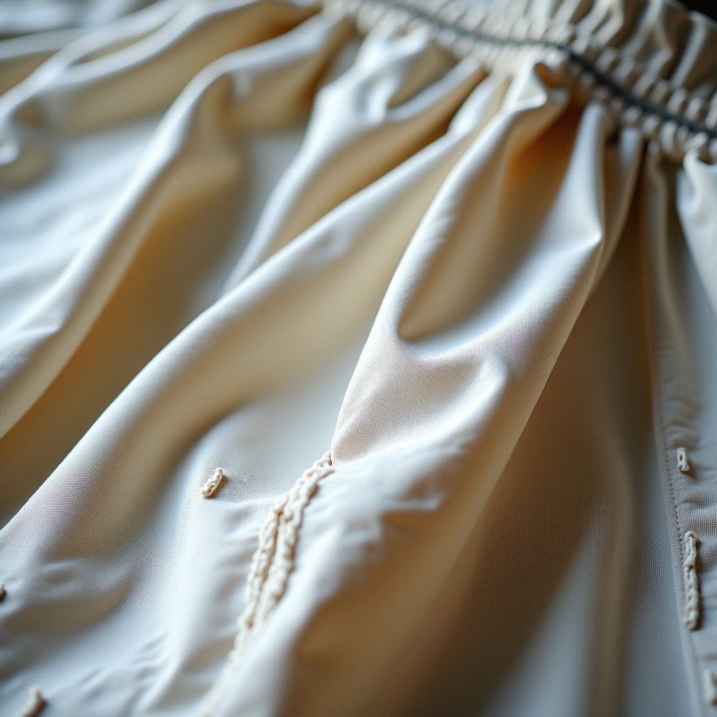 Close up shot of high-end fashion garment with intentional distressing, frayed edges, loose threads, and faded vintage cotton texture, artistic and detailed fabric focus, 1:1