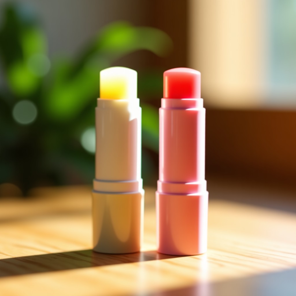 Two stylish lip balm sticks with sheer colorful caps placed on a wooden table under soft spring sunlight, aesthetic lifestyle photography, shallow depth of field, high quality, 1:1