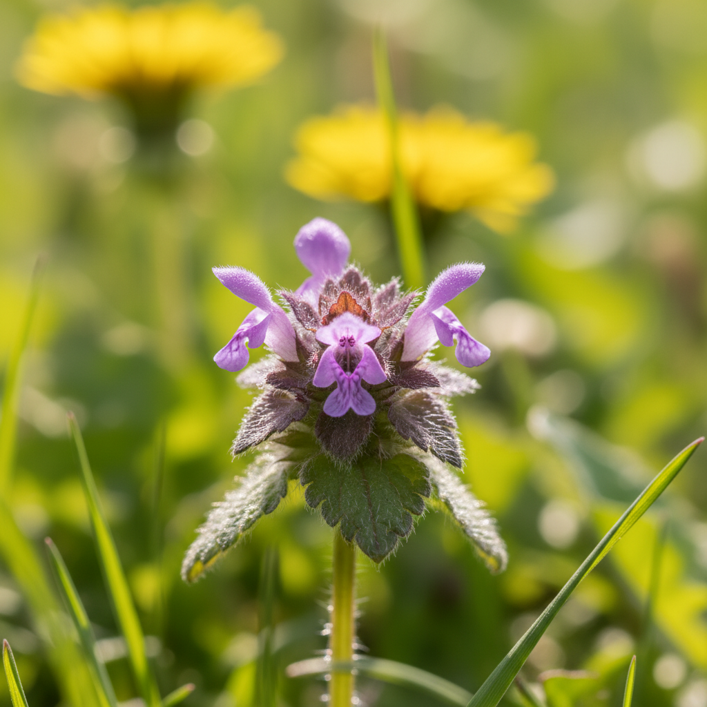 햇살 아래 보랏빛 광대나물 클로즈업