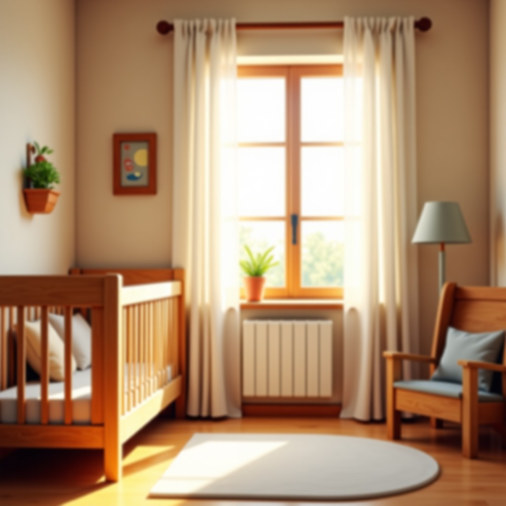 A cozy and warm nursery room with soft sunlight streaming through the window, wooden crib, peaceful atmosphere, high quality interior photography, 1:1