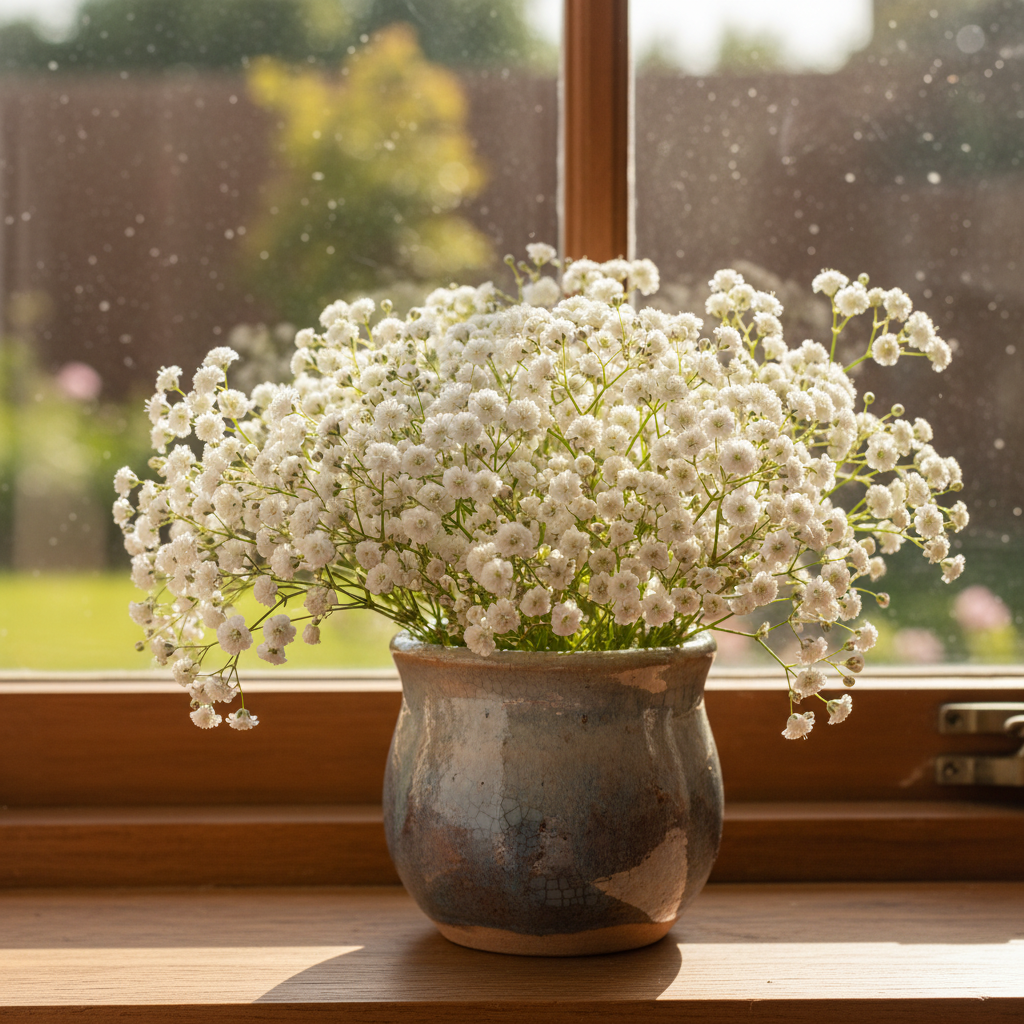 햇살이 잘 드는 창가에 놓인 풍성한 안개꽃 화분