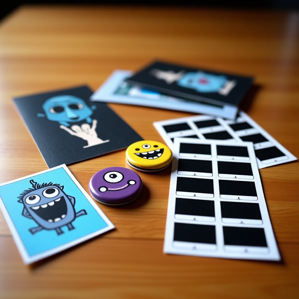 A collection of themed merchandise including postcards, small magnets with monster designs, and photo booth strips laid out on a clean wooden surface. High contrast, sharp focus, detailed composition. 4:3
