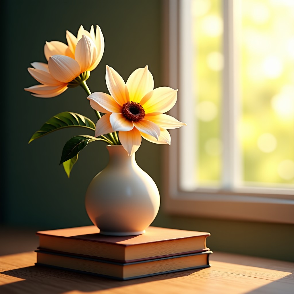 A beautiful composition of a blooming flower in a ceramic vase, sunlight filtering through a window, a stack of old books, serene and hopeful atmosphere, detailed texture, 1:1