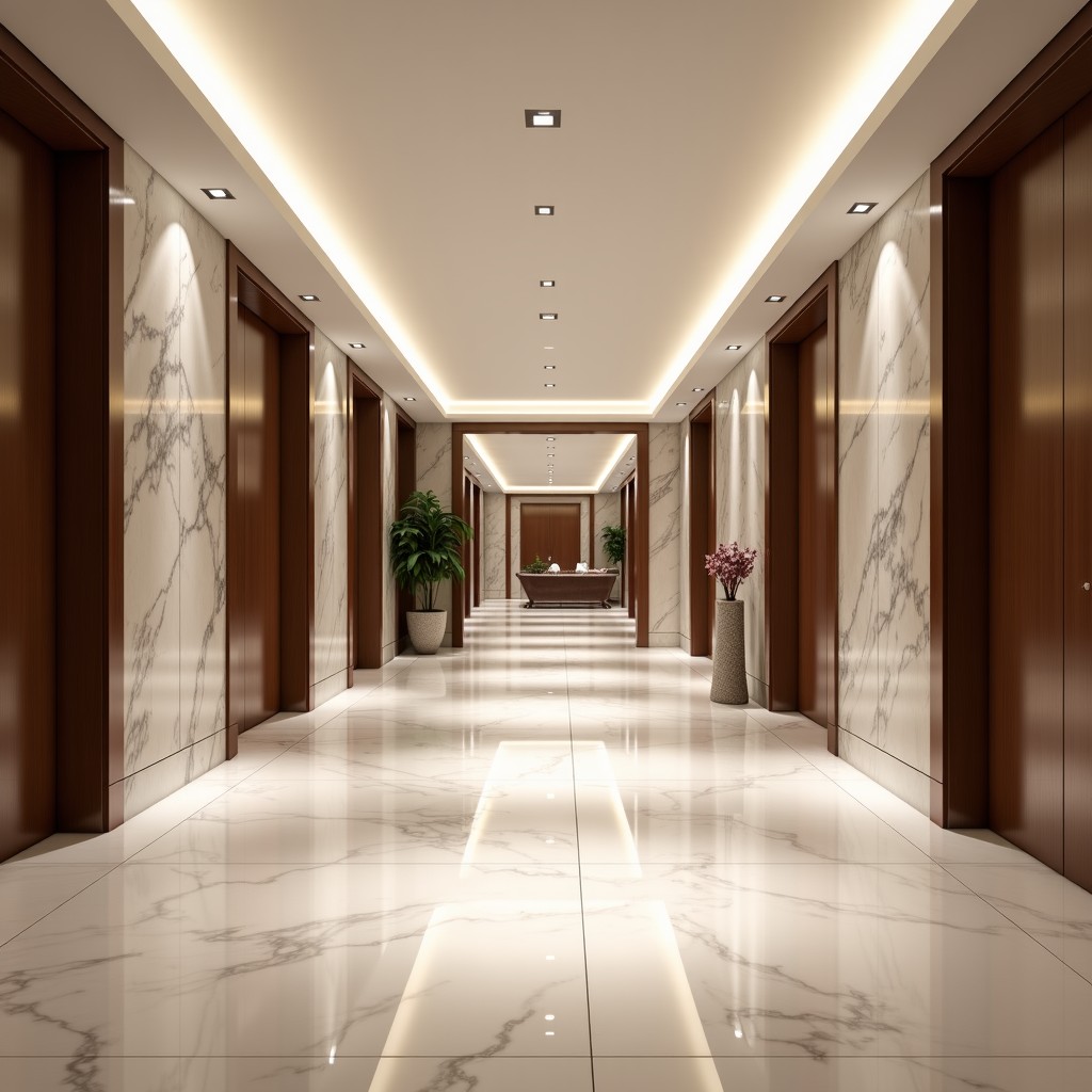 A modern luxury building lobby featuring polished marble floors and granite wall accents. The interior is bright and elegant with soft lighting reflecting off the stone surfaces. Lifestyle photography, clean and sophisticated, 4:3