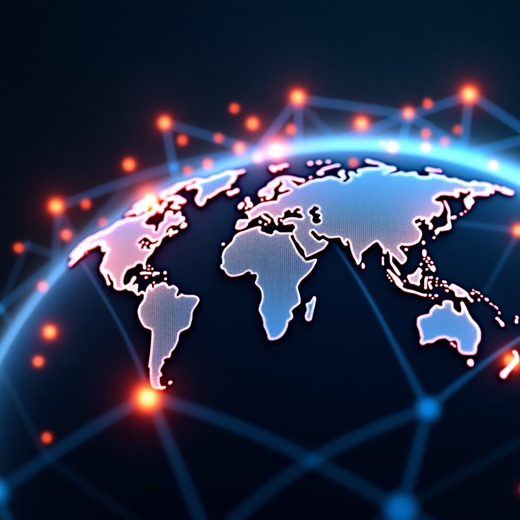 Abstract representation of global digital network with overlapping connections, dark background with vibrant light streaks, professional 3D render, 16:9 aspect ratio.