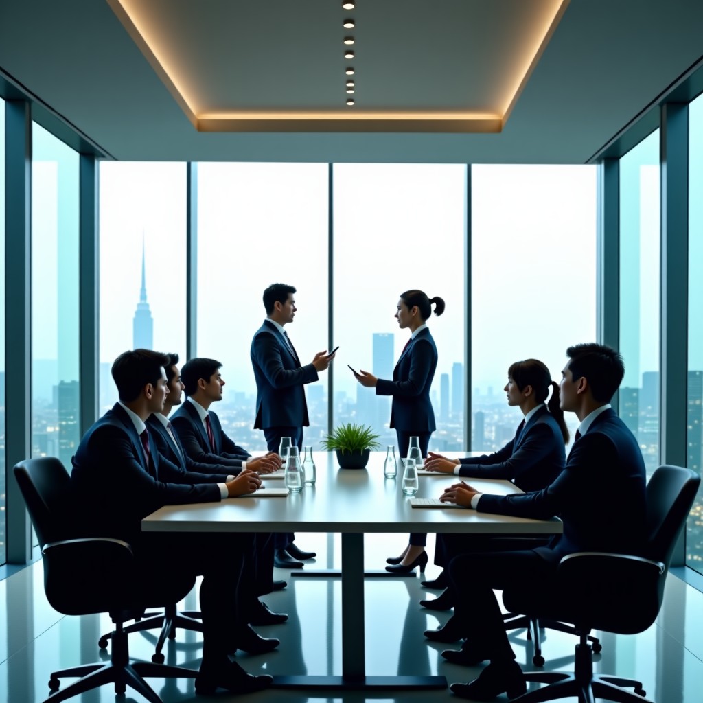 Professional business people in a modern glass-walled conference room in a high-tech office building, soft natural daylight, Korean looking professionals included, realistic photography style, 4:3