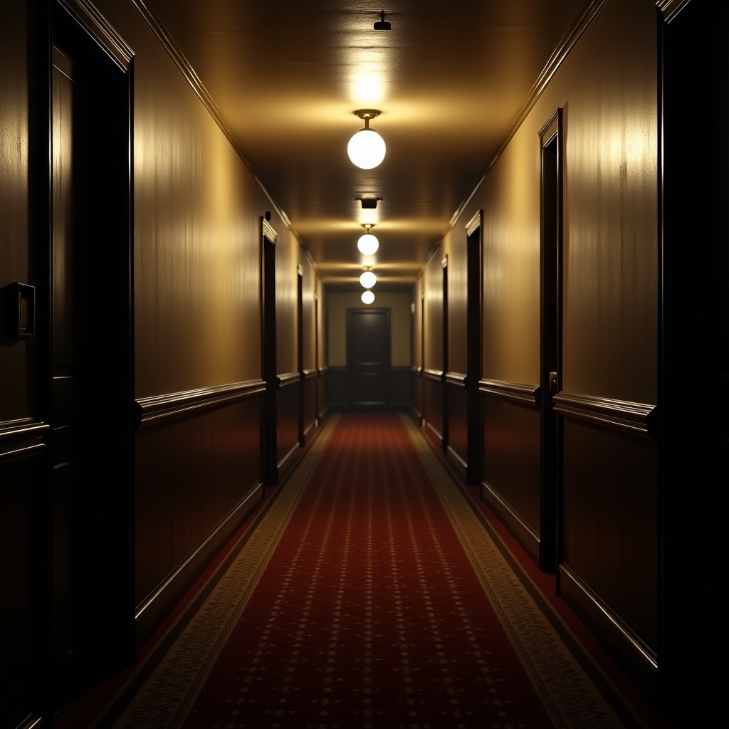 A dimly lit long hotel hallway with old patterned carpet, heavy shadows, flickering wall lamps, eerie atmosphere, realistic photography, 4:3