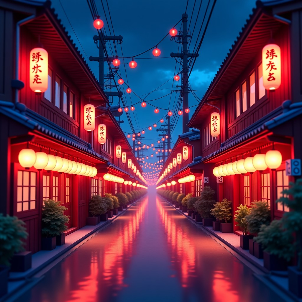A vibrant and colorful Japanese traditional red-light district at night with glowing paper lanterns and wooden architecture. High contrast, cinematic perspective, artistic anime rendering. 16:9