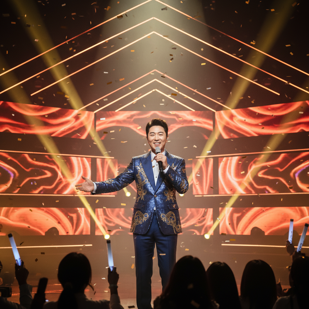 화려한 무대 조명이 비추는 트로트 가수