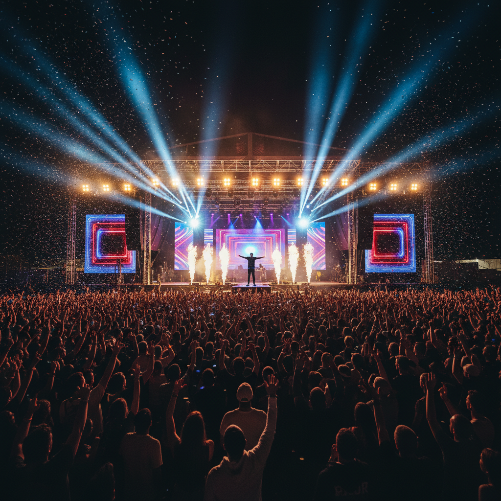 화려한 조명과 열정적인 관객들로 가득 찬 대규모 힙합 페스티벌 무대 전경