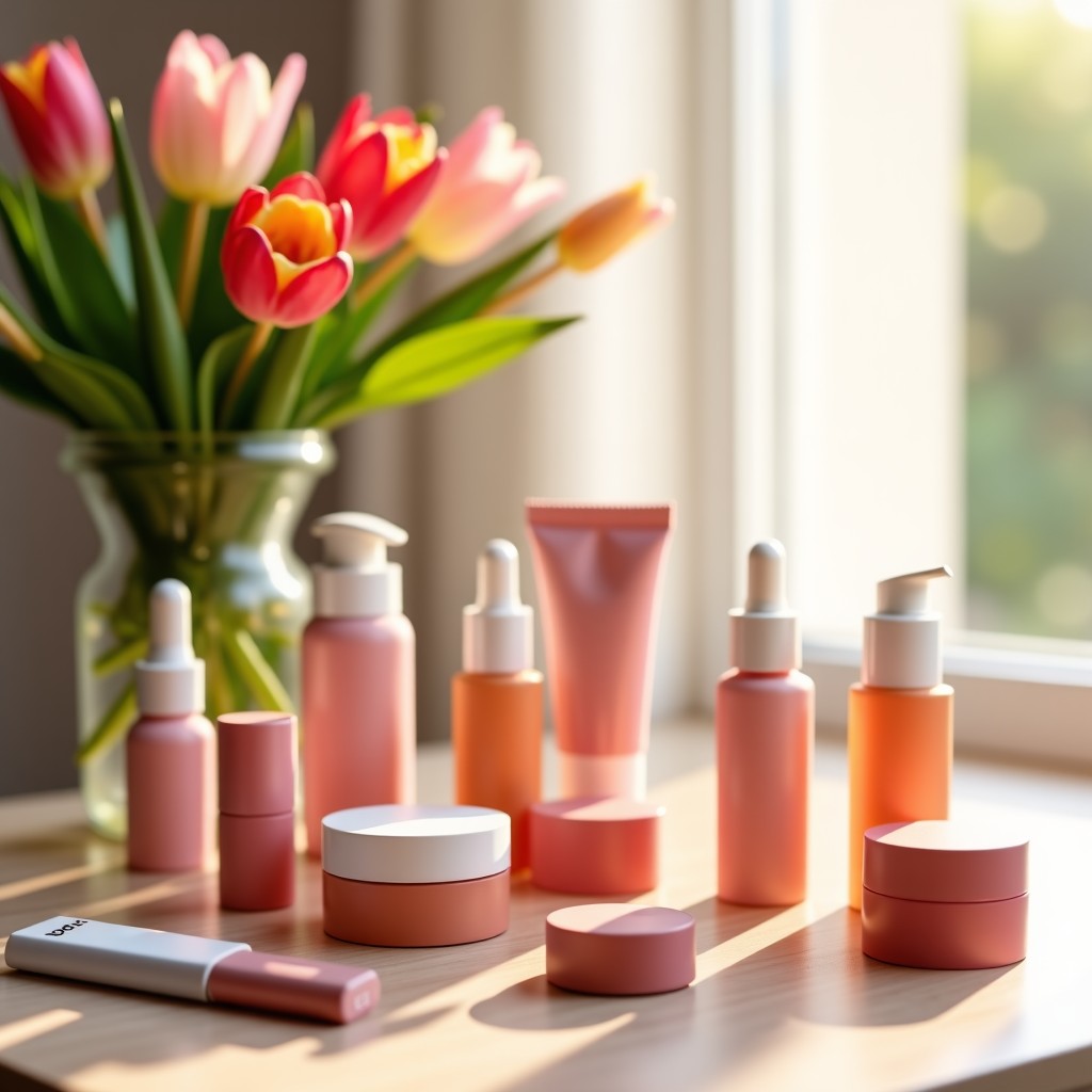 A collection of rom&nd miffy makeup products on a vanity table. Spring flowers and soft sunlight in the background. Lifestyle photography with a warm and cozy atmosphere. 4:3