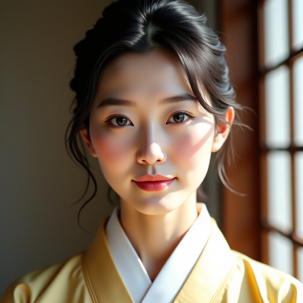 Portrait of a beautiful Korean woman with elegant makeup, wearing a modern hanbok inspired outfit, soft natural sunlight hitting her face, serene atmosphere. 4:3