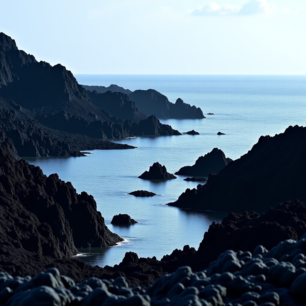 A scenic view of a coastal area with dark, porous basalt rocks formed by volcanic activity. The contrast between the dark rocks and the blue sea is striking. High contrast, realistic photography style, 4:3