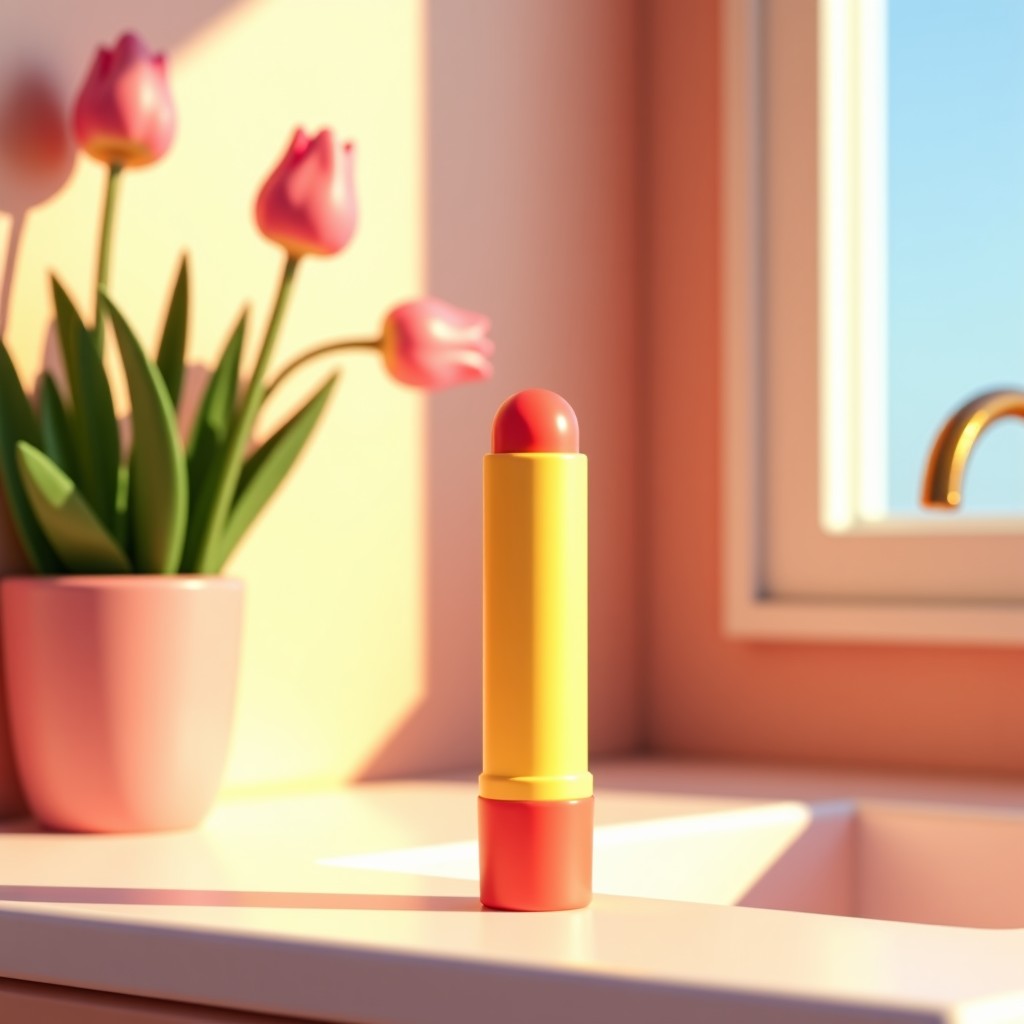 A colorful lip balm tube standing on a vanity next to a small spring flower pot, bright and airy room, high resolution, 4:3